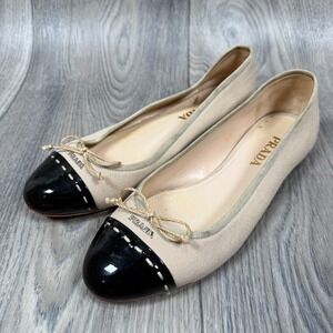 Prada Ballet Flats Women 35.5 Beige Black Canvas Patent Leather Cap Toe Bows